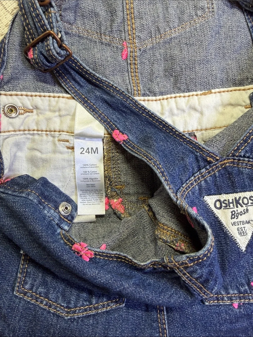OshKosh B'gosh Denim Short Overalls with Pink Butterfly Accents